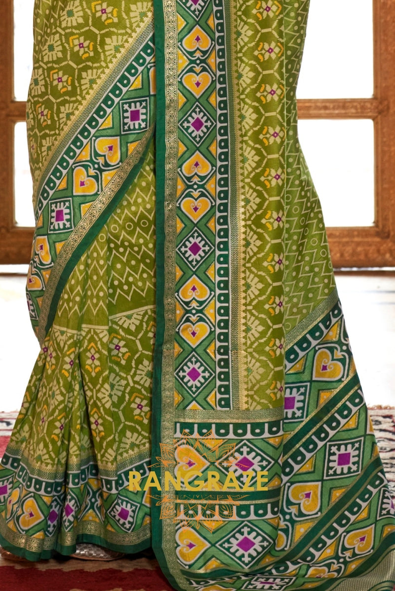 Radiant Lime and Forest Green Patola Silk Saree with Heart Motifs