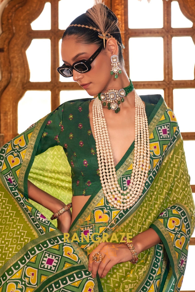 Radiant Lime and Forest Green Patola Silk Saree with Heart Motifs