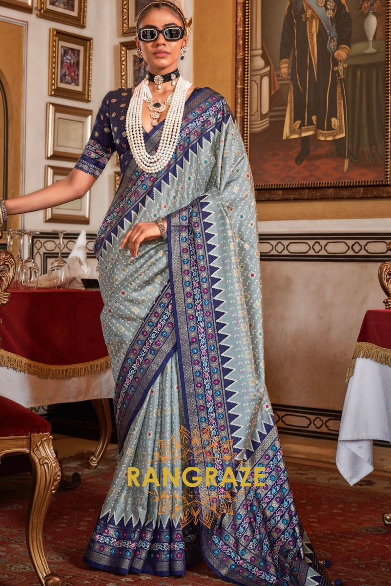 Elegant Slate Grey Patola Silk Saree with Indigo Weaving Border