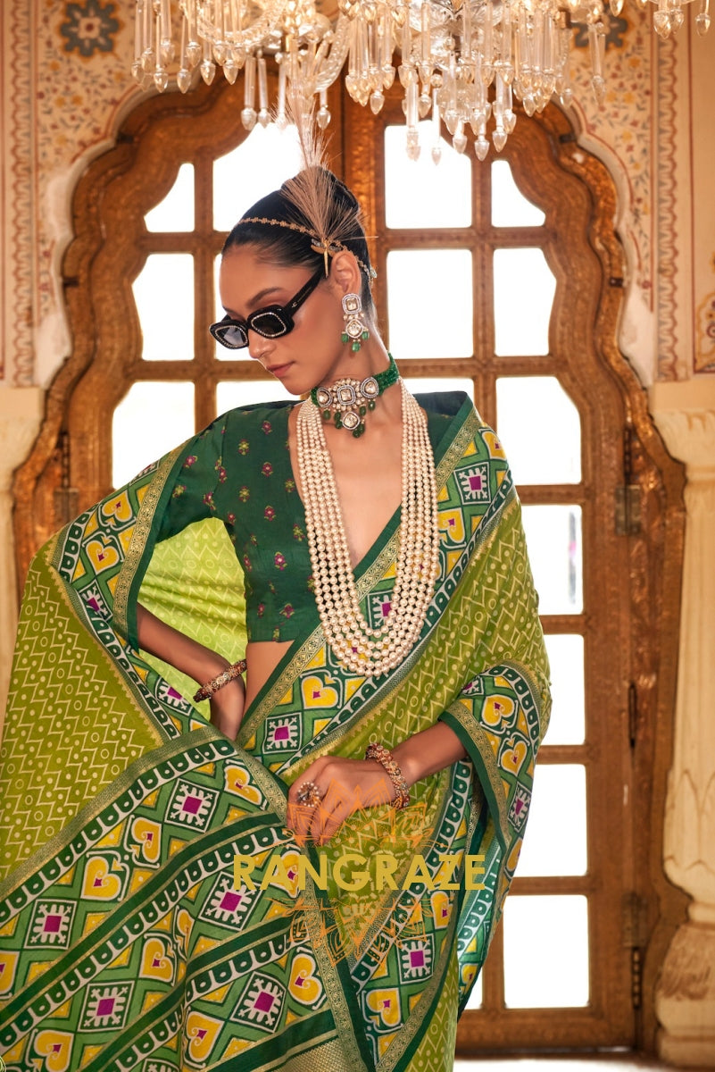 Radiant Lime and Forest Green Patola Silk Saree with Heart Motifs