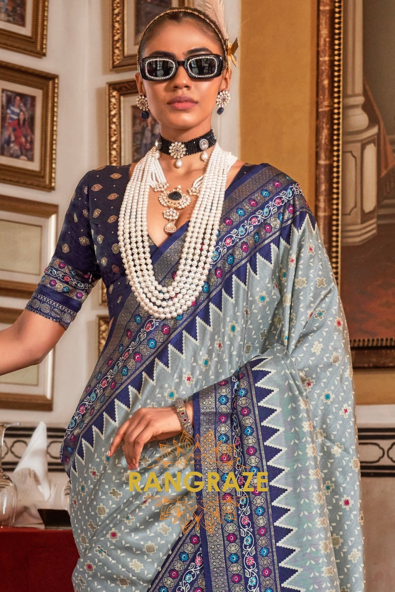 Elegant Slate Grey Patola Silk Saree with Indigo Weaving Border
