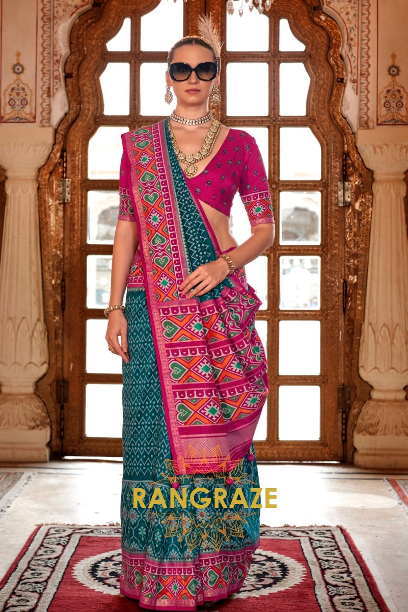 Teal Blue and Fuchsia Patola Silk Saree with Heart Motifs