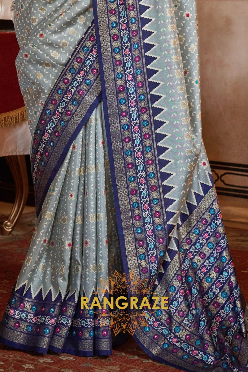 Elegant Slate Grey Patola Silk Saree with Indigo Weaving Border