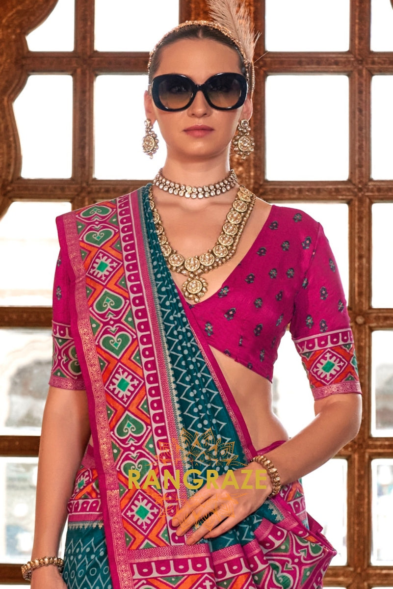 Teal Blue and Fuchsia Patola Silk Saree with Heart Motifs