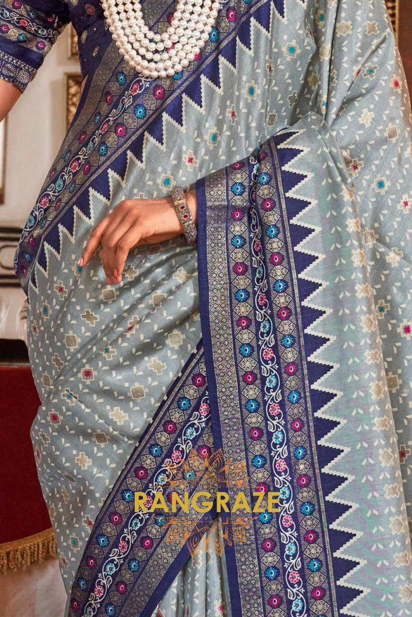Elegant Slate Grey Patola Silk Saree with Indigo Weaving Border