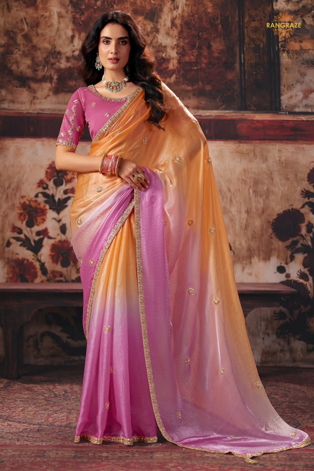 Peach And Pink Ombre Designer Satin Silk Saree With Embroidered Blouse