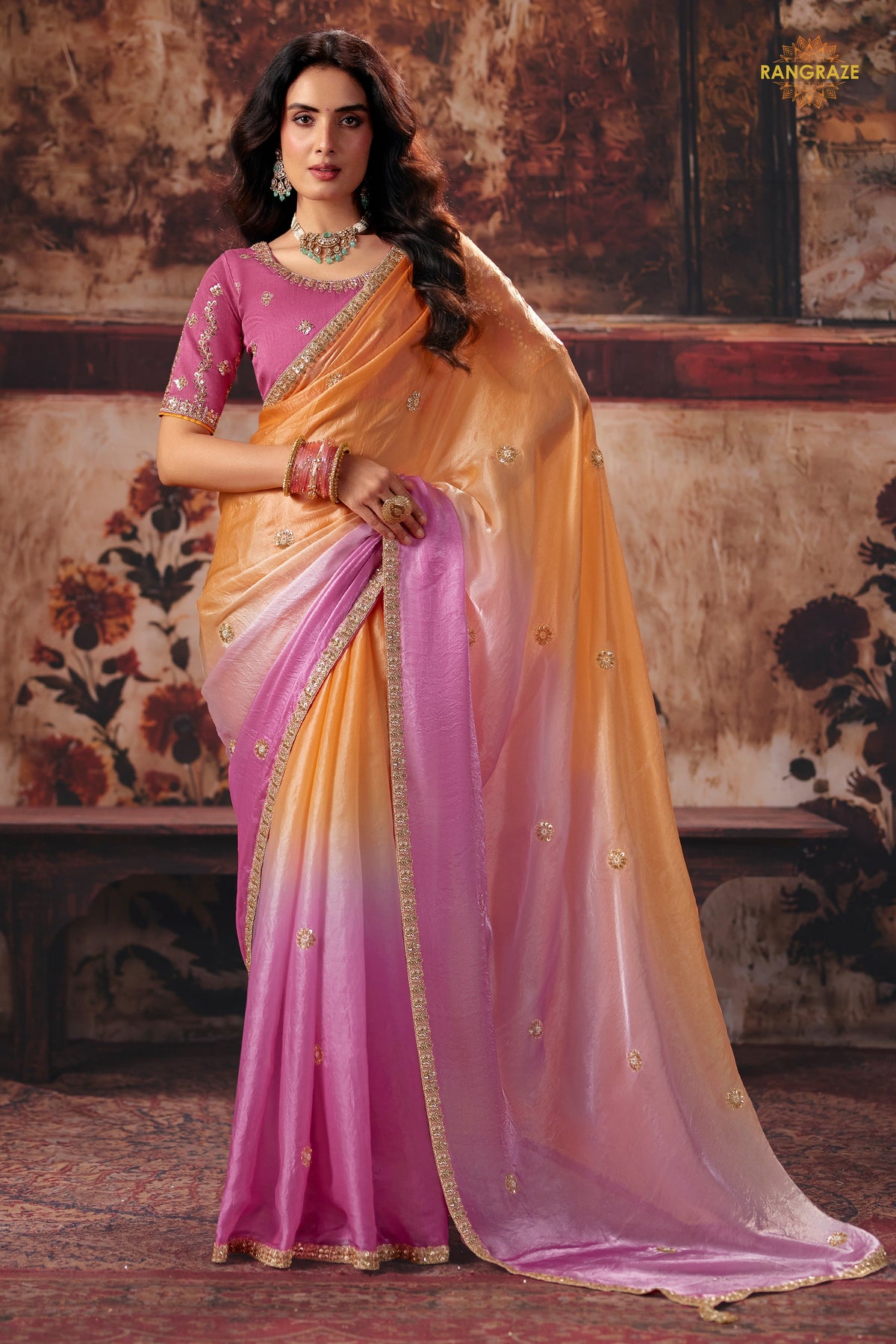 Peach And Pink Ombre Designer Satin Silk Saree With Embroidered Blouse