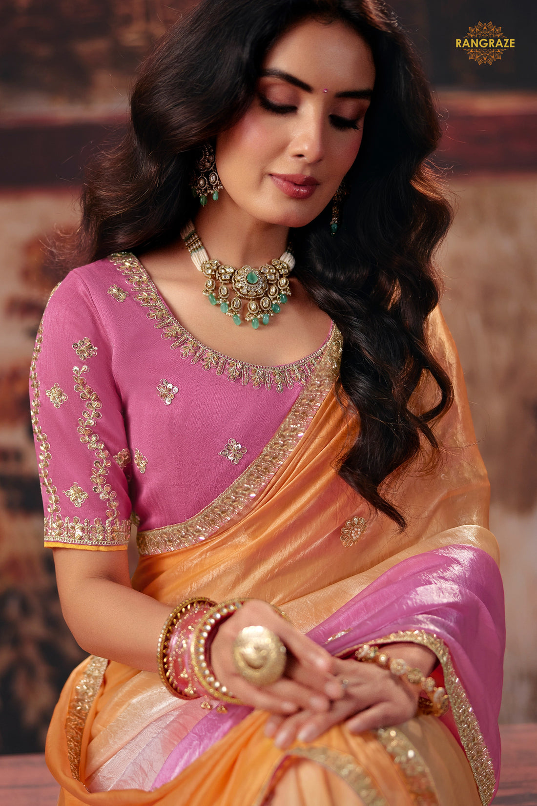 Peach And Pink Ombre Designer Satin Silk Saree With Embroidered Blouse