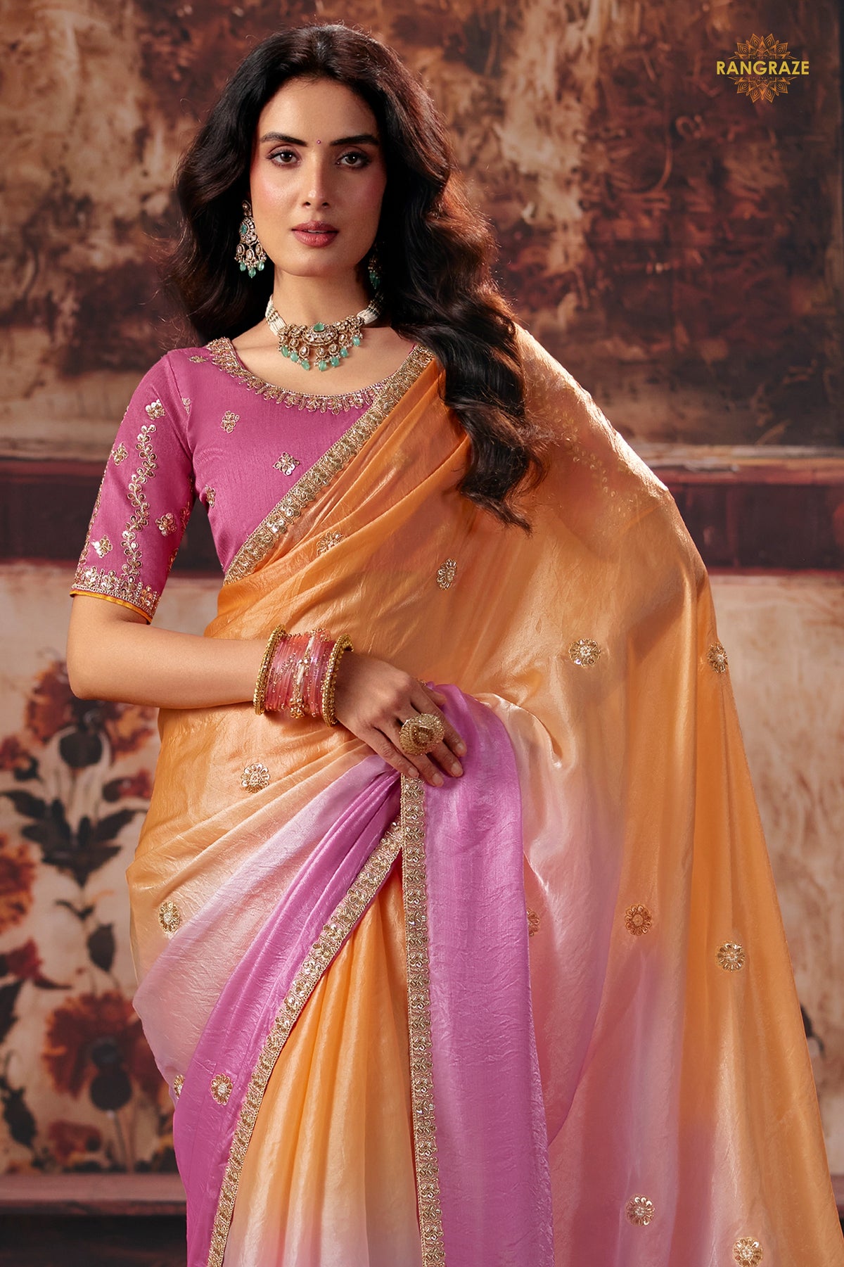 Peach And Pink Ombre Designer Satin Silk Saree With Embroidered Blouse