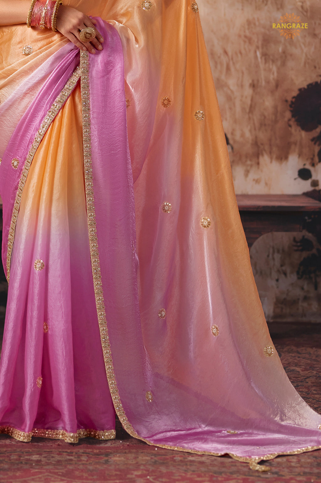 Peach And Pink Ombre Designer Satin Silk Saree With Embroidered Blouse