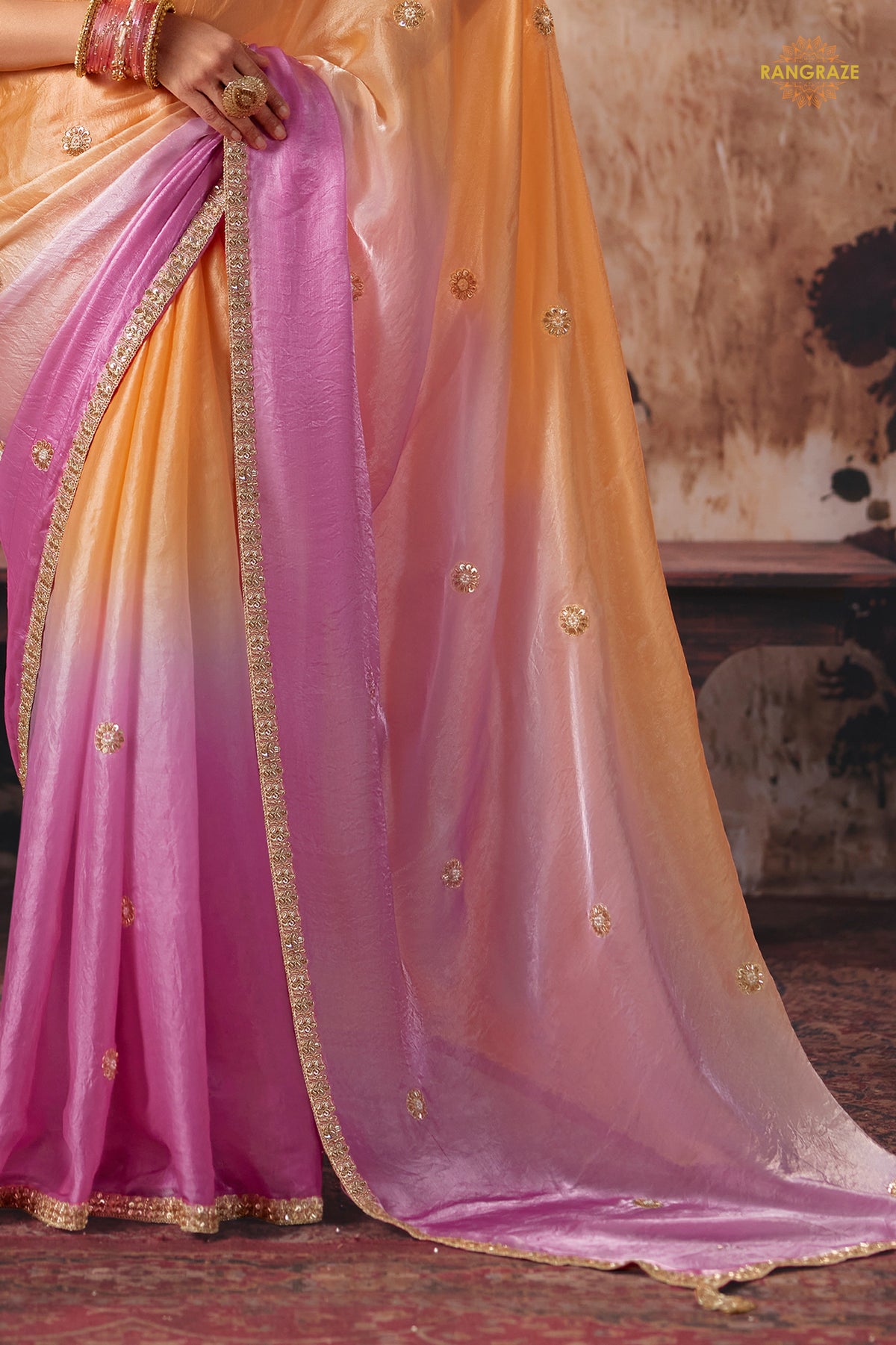 Peach And Pink Ombre Designer Satin Silk Saree With Embroidered Blouse