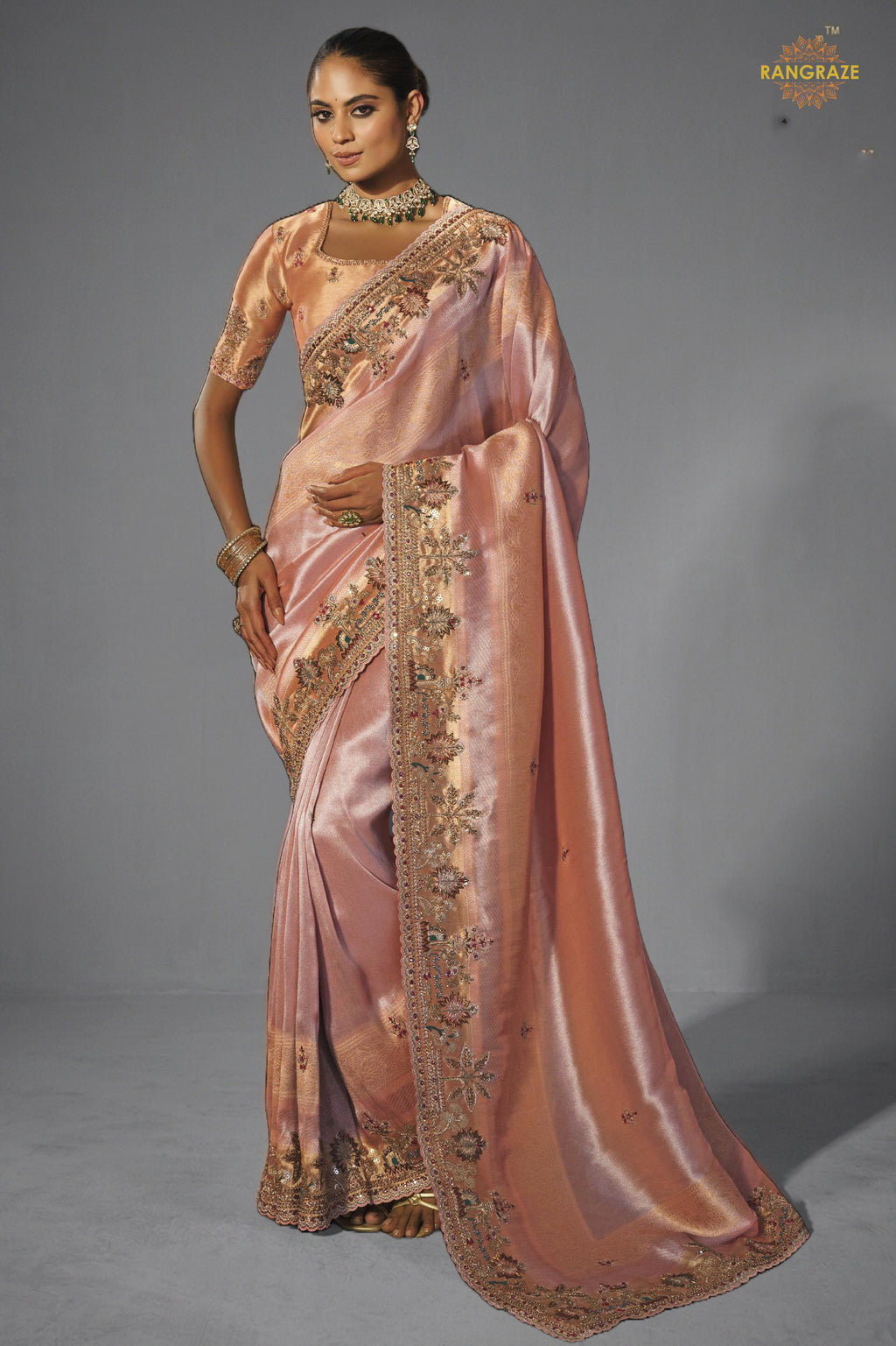 Peach Embroidered Madhurai Silk Saree
