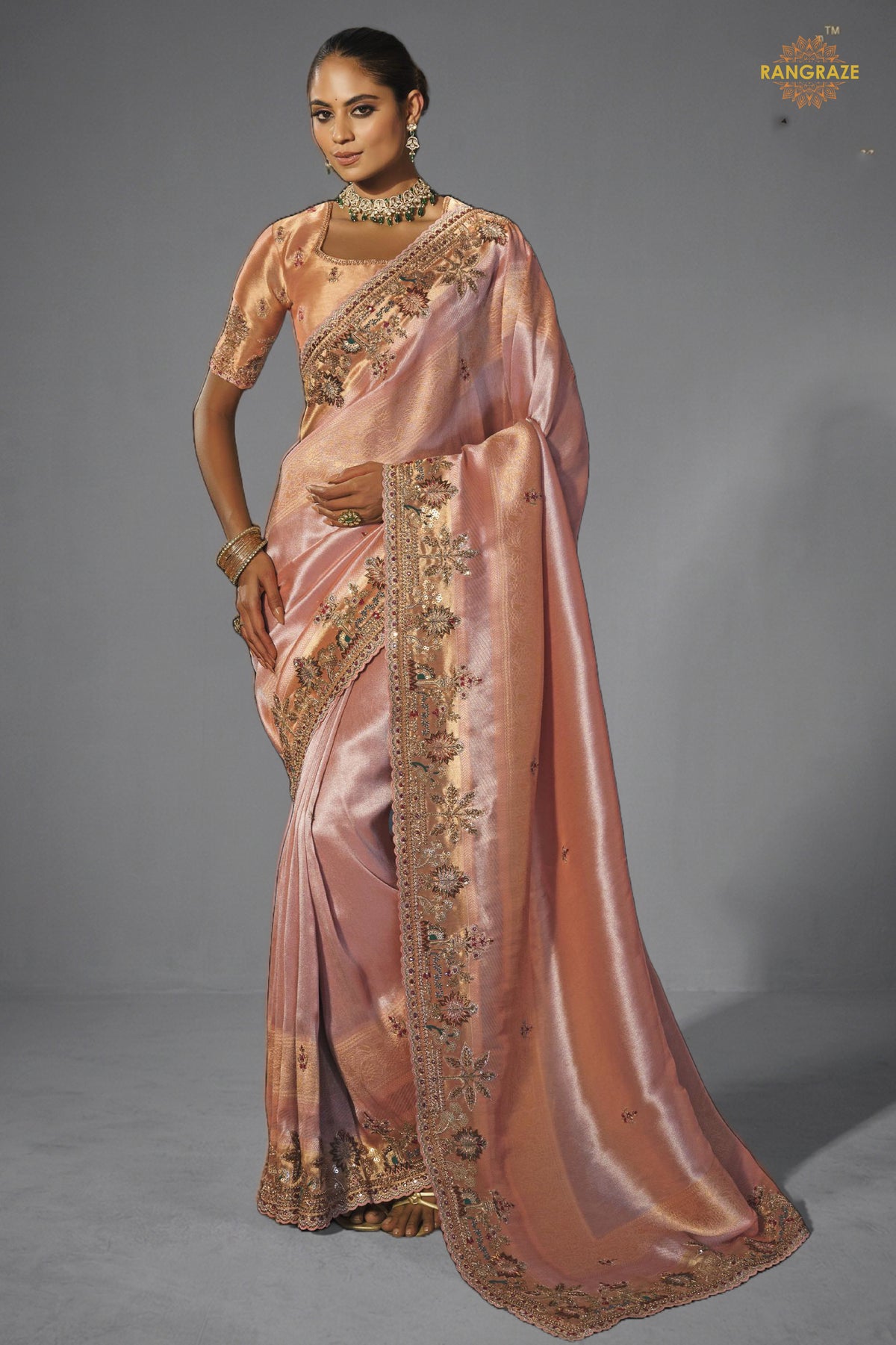 Peach Embroidered Madhurai Silk Saree