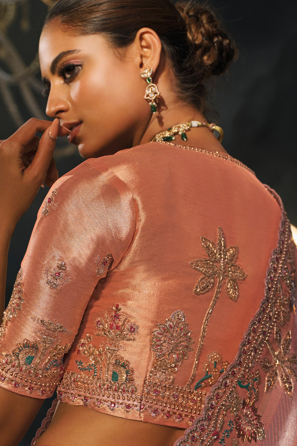 Peach Embroidered Madhurai Silk Saree