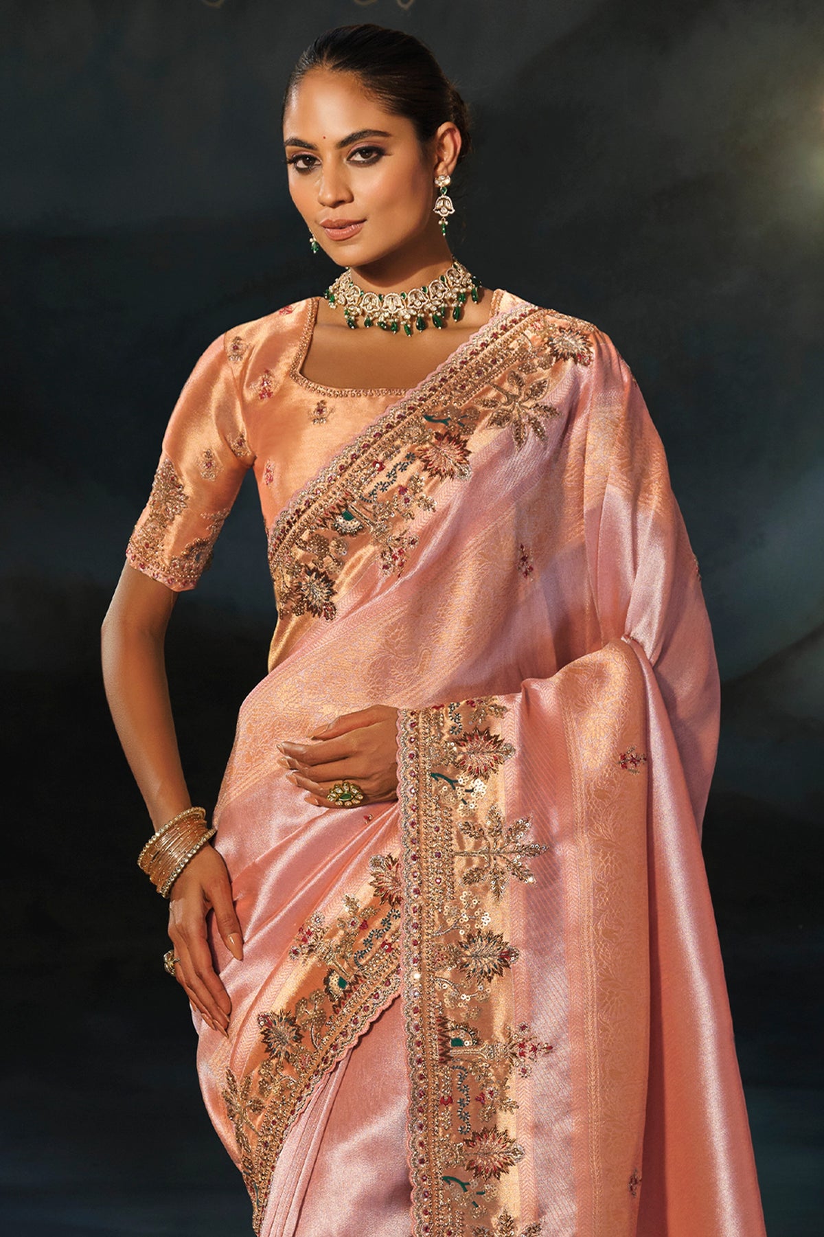Peach Embroidered Madhurai Silk Saree
