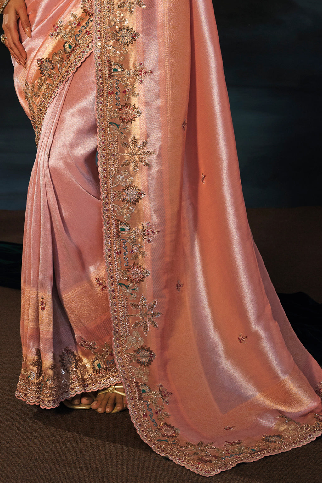 Peach Embroidered Madhurai Silk Saree