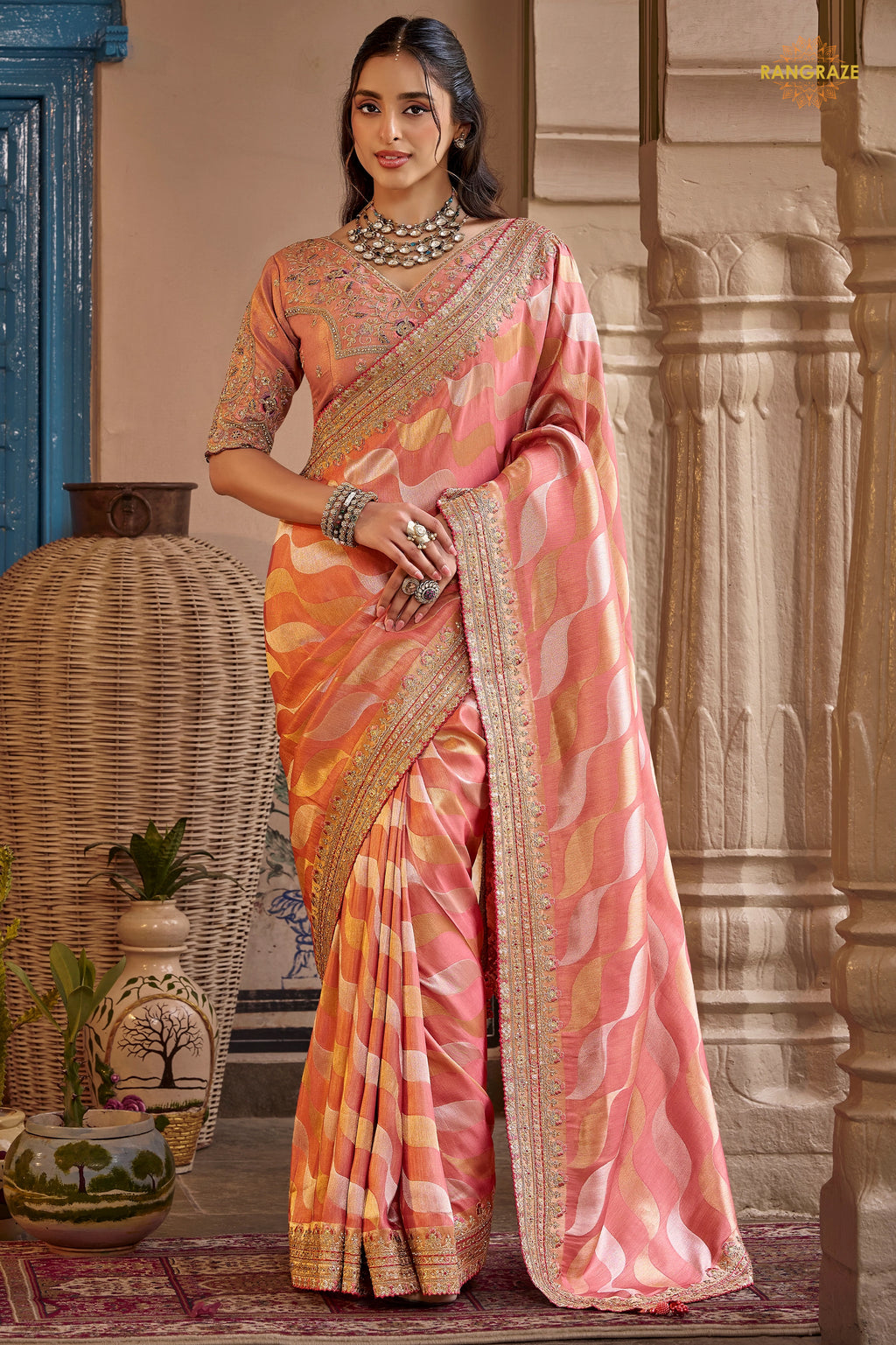 Peach Embroidred Fancy Silk Saree