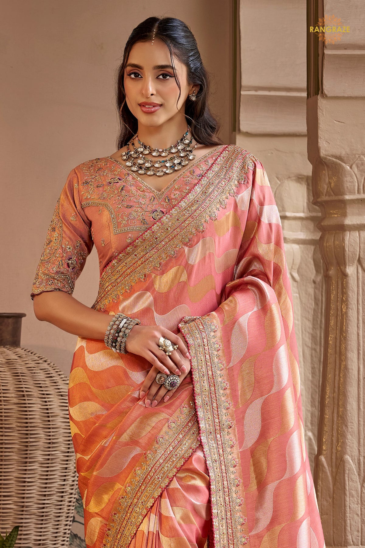 Peach Embroidred Fancy Silk Saree