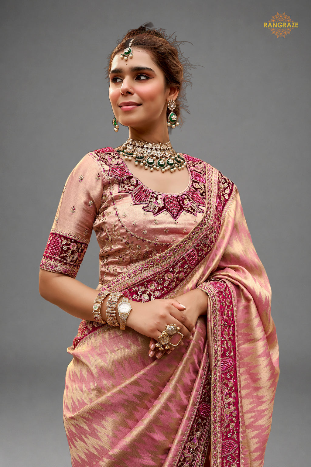 Peach Embroidred Fancy Silk Saree