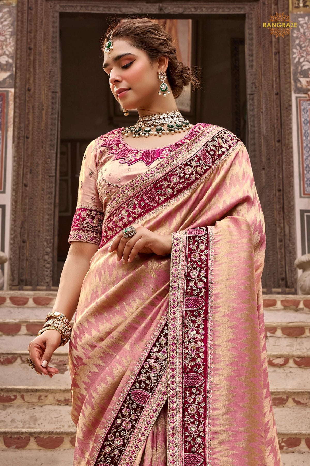 Peach Embroidred Fancy Silk Saree