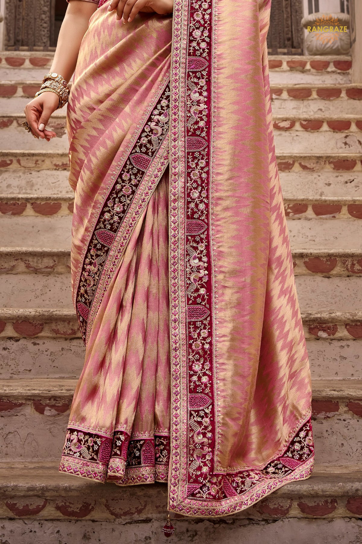 Peach Embroidred Fancy Silk Saree