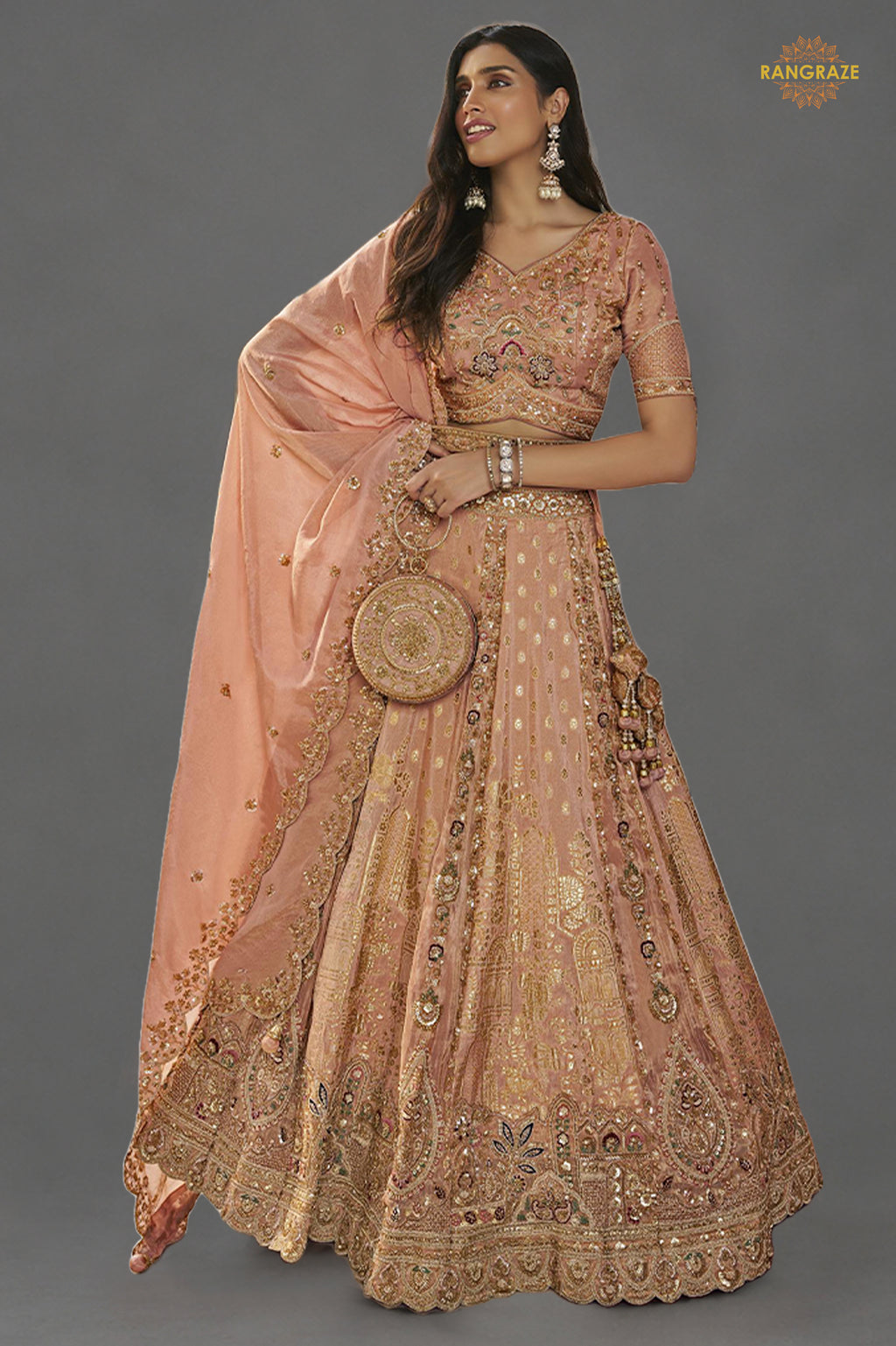 Peach Heavy Work Banarasi Silk Lehenga With Clutch