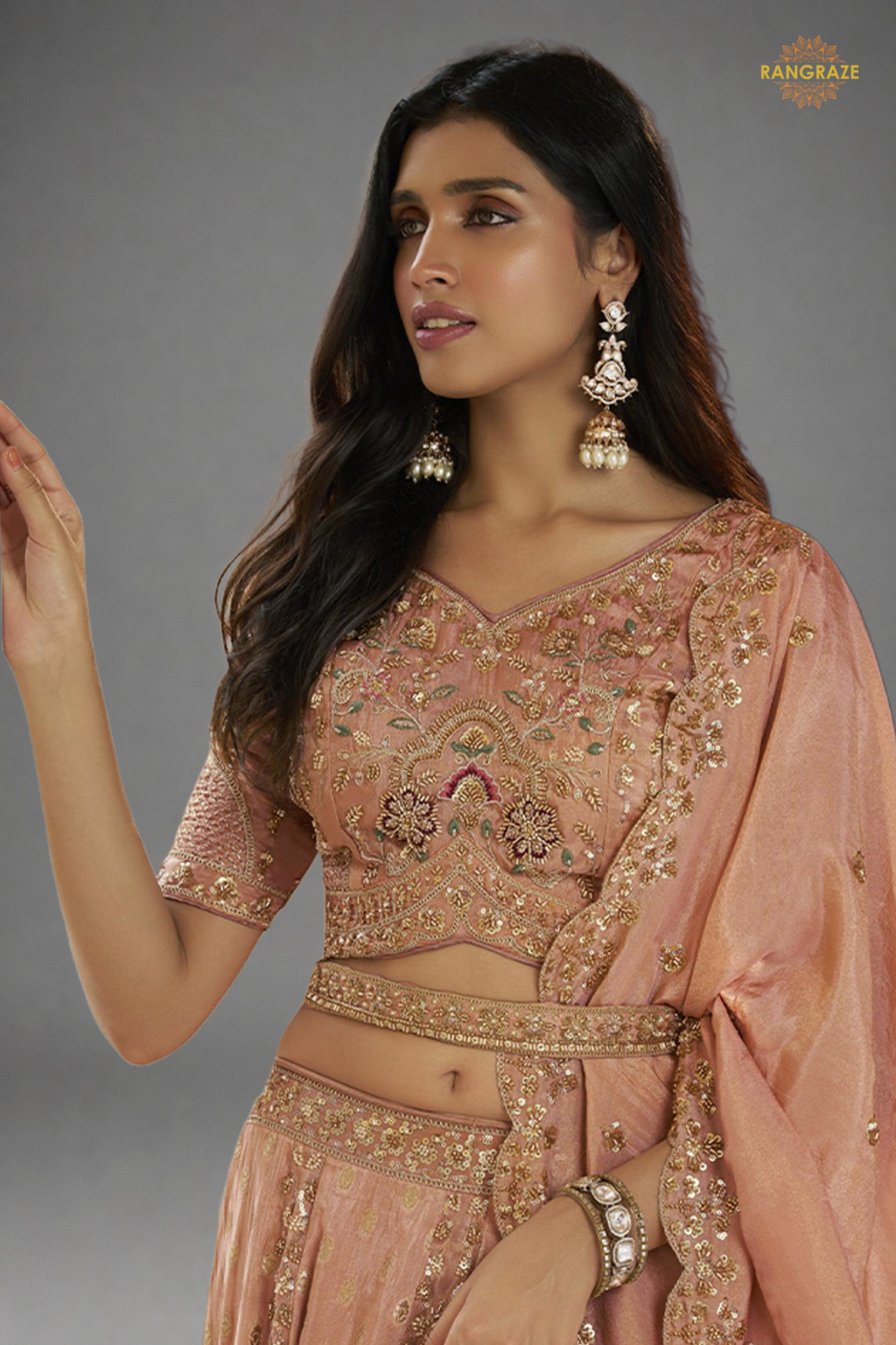 Peach Heavy Work Banarasi Silk Lehenga With Clutch