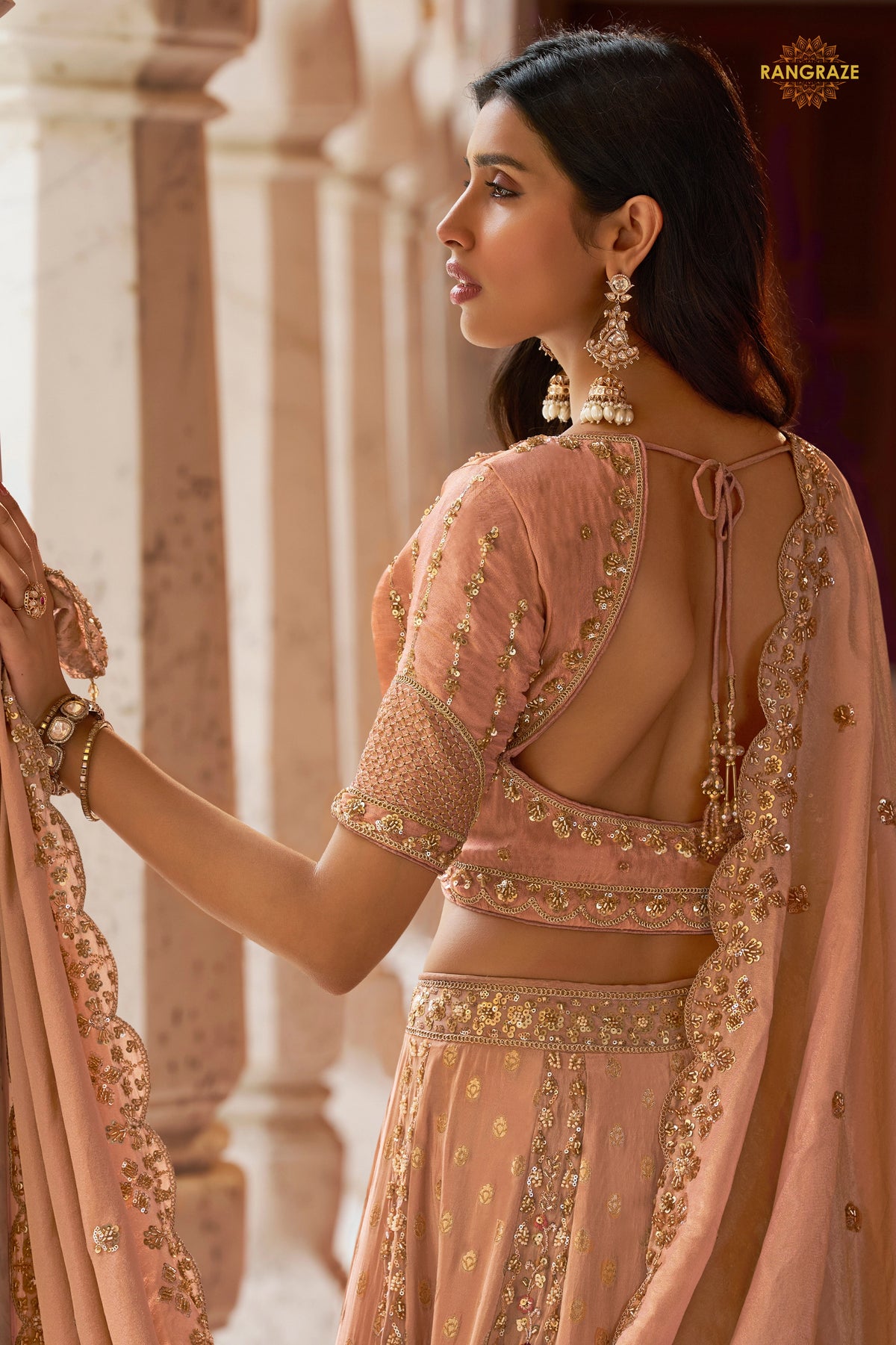 Peach Heavy Work Banarasi Silk Lehenga With Clutch
