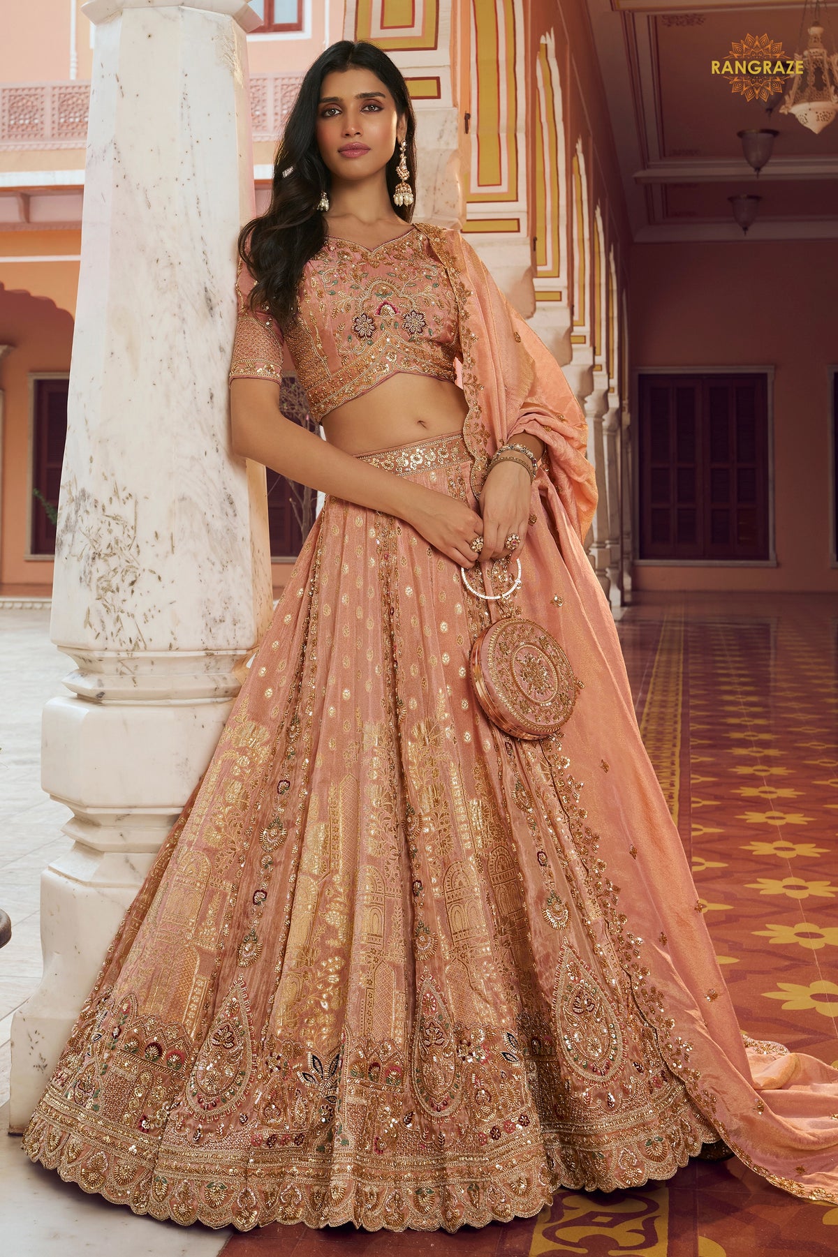 Peach Heavy Work Banarasi Silk Lehenga With Clutch