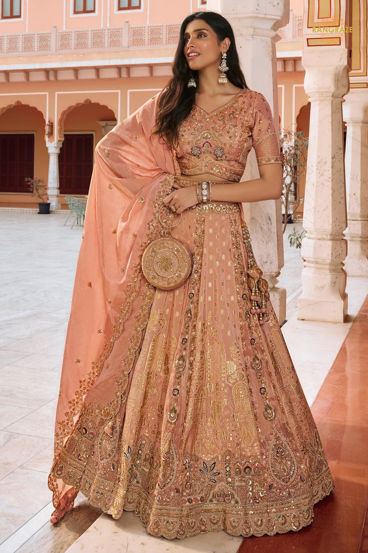 Peach Heavy Work Banarasi Silk Lehenga With Clutch