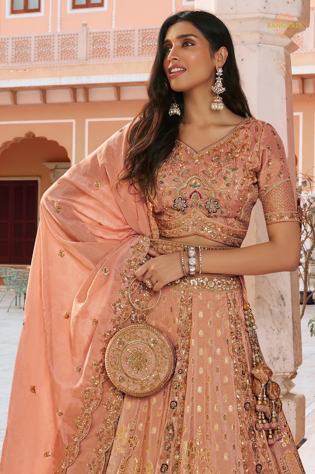 Peach Heavy Work Banarasi Silk Lehenga With Clutch