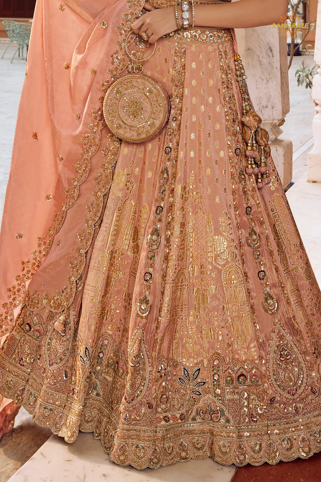 Peach Heavy Work Banarasi Silk Lehenga With Clutch