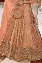 Peach Heavy Work Banarasi Silk Lehenga With Clutch