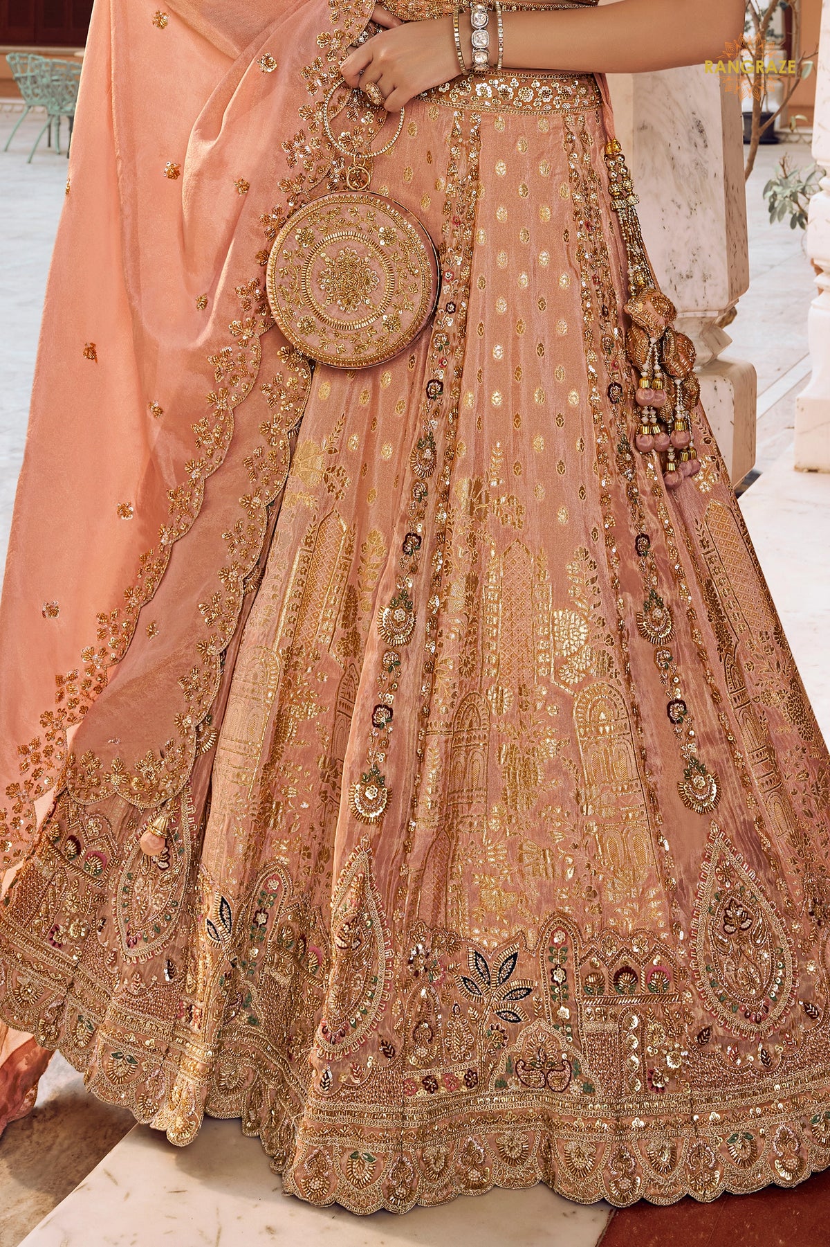 Peach Heavy Work Banarasi Silk Lehenga With Clutch
