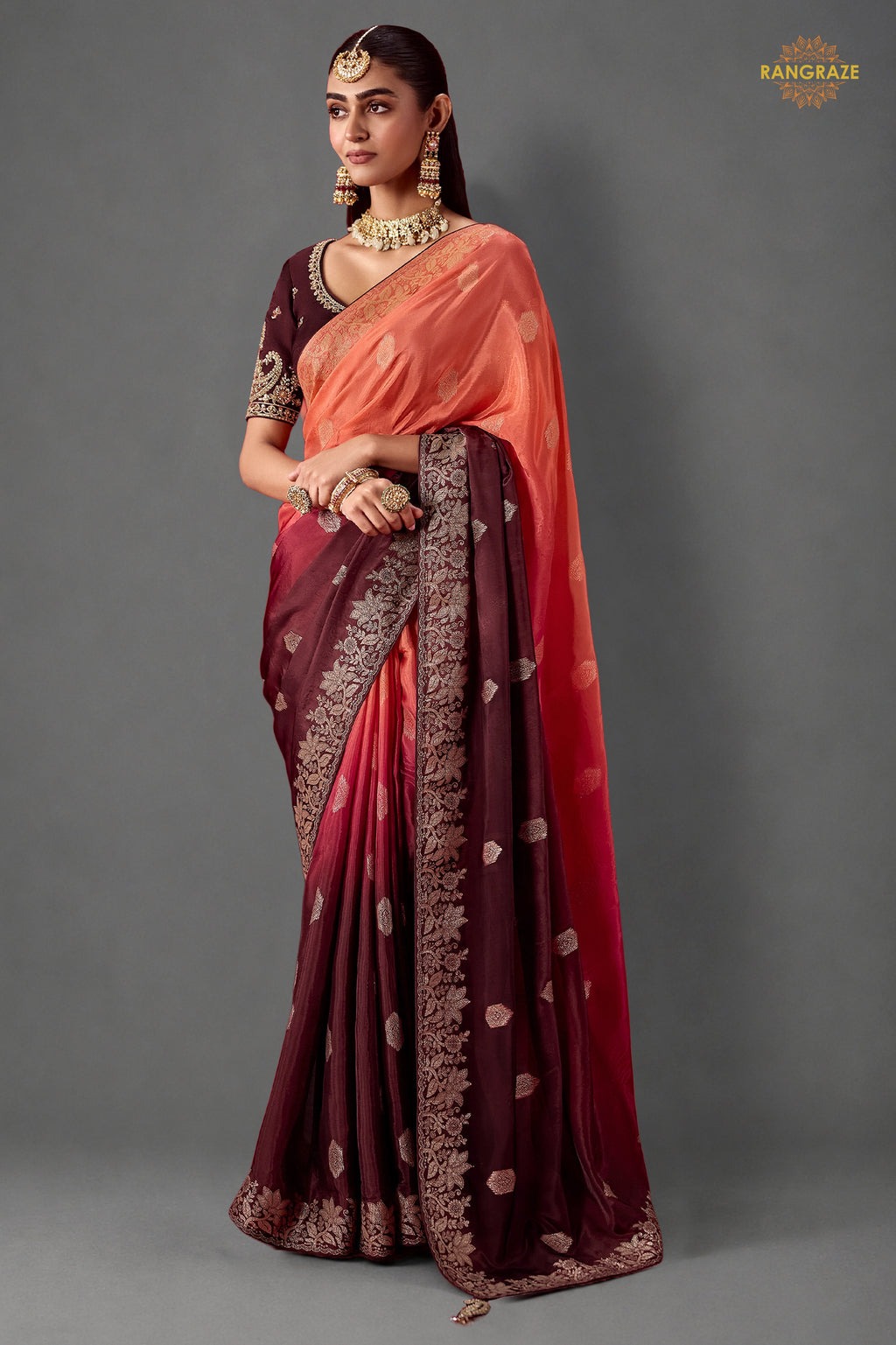 Peach Orange and Wine Ombre Woven Dola Crape Soft Silk