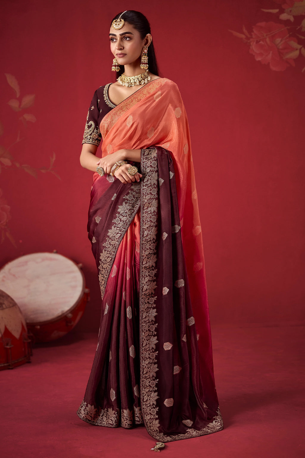 Peach Orange and Wine Ombre Woven Dola Crape Soft Silk