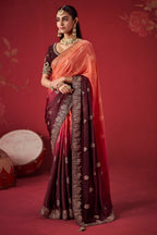 Peach Orange and Wine Ombre Woven Dola Crape Soft Silk