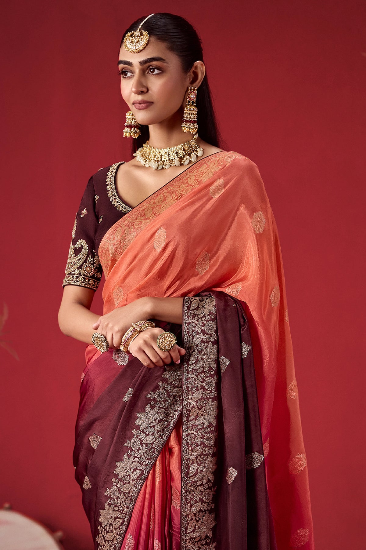 Peach Orange and Wine Ombre Woven Dola Crape Soft Silk