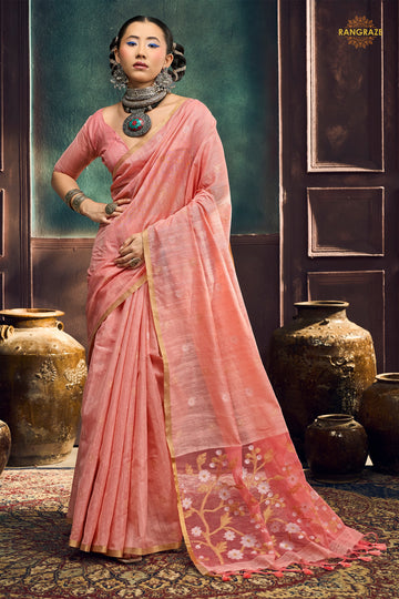Peach Pink Woven Munga Cotton Saree