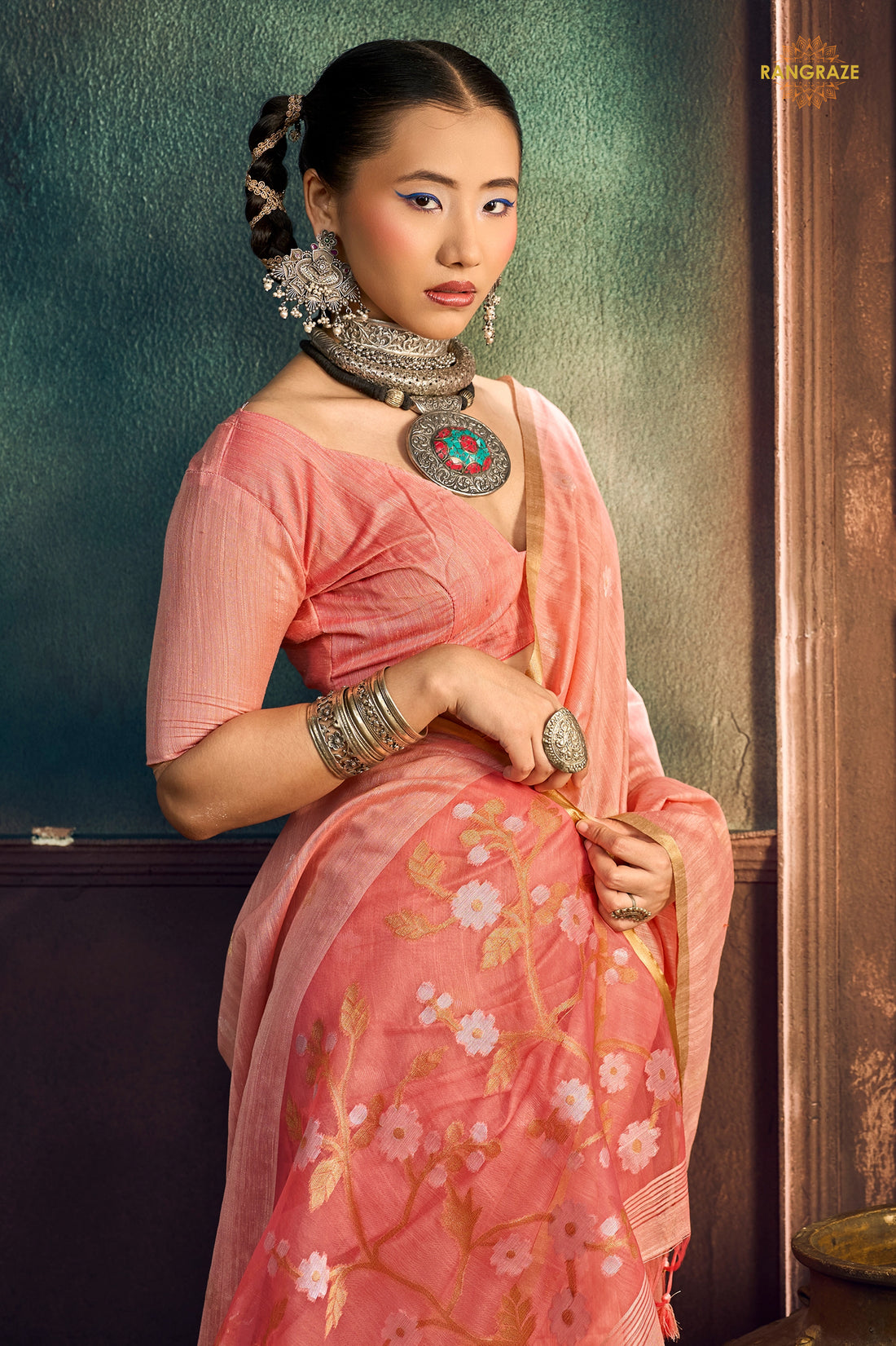 Peach Pink Woven Munga Cotton Saree