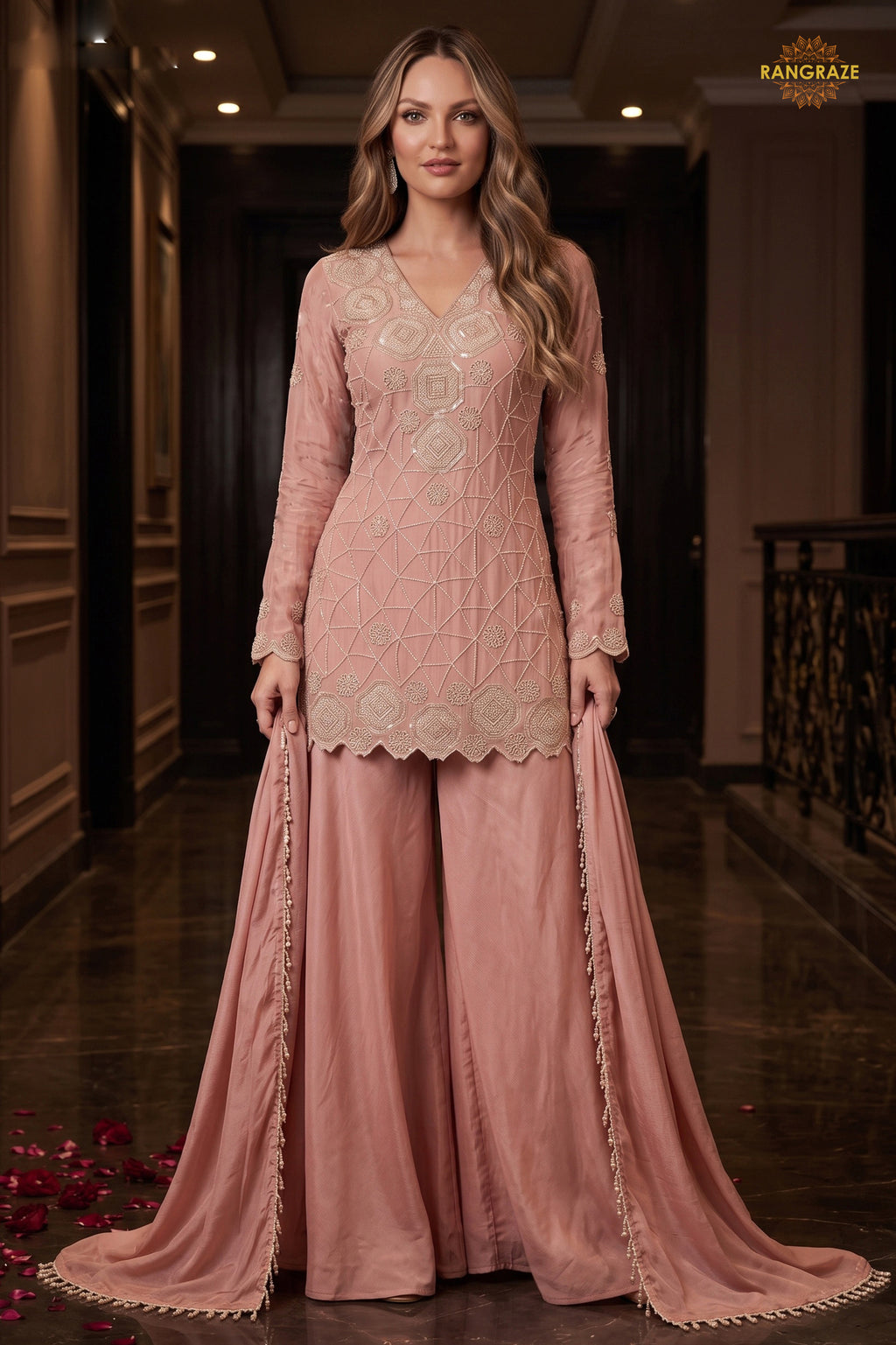 Peach Readymade Bead Work Chinon Palazzo Suit