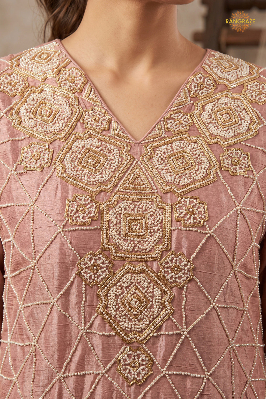 Peach Readymade Bead Work Chinon Palazzo Suit