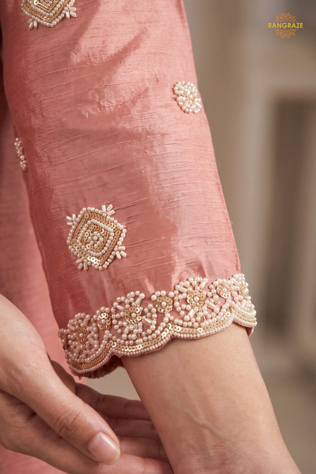 Peach Readymade Bead Work Chinon Palazzo Suit