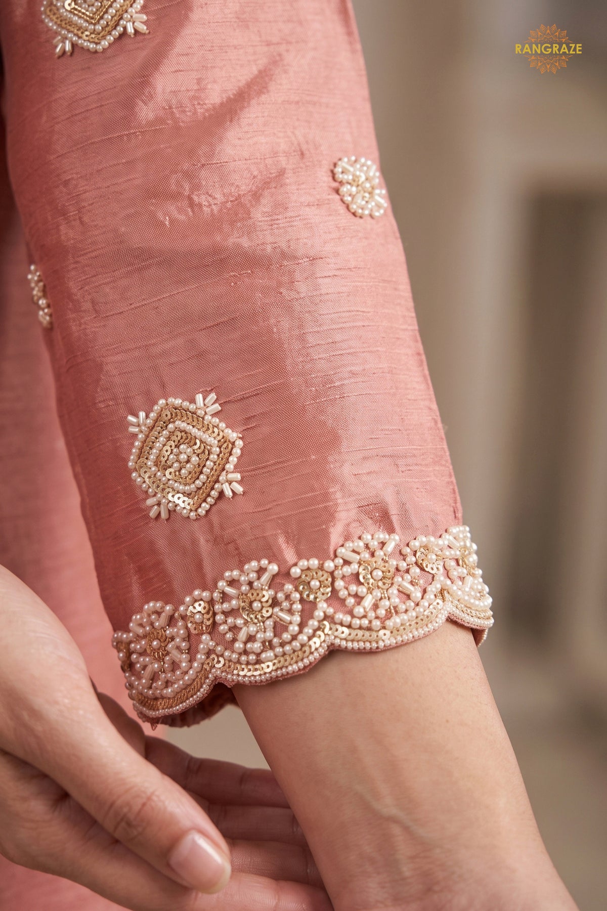Peach Readymade Bead Work Chinon Palazzo Suit