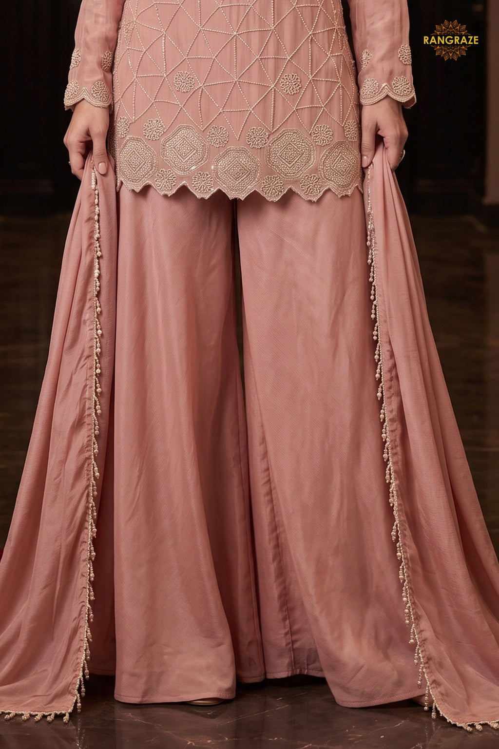 Peach Readymade Bead Work Chinon Palazzo Suit