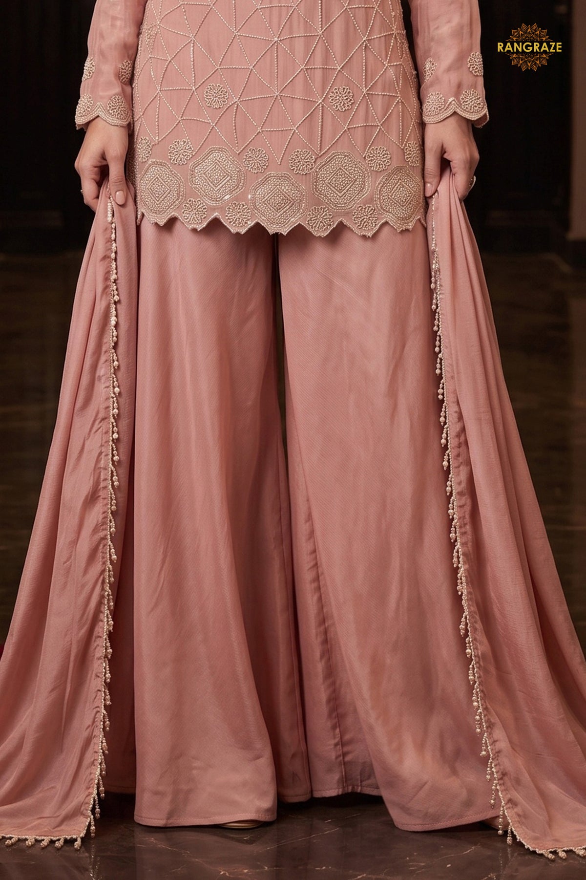 Peach Readymade Bead Work Chinon Palazzo Suit