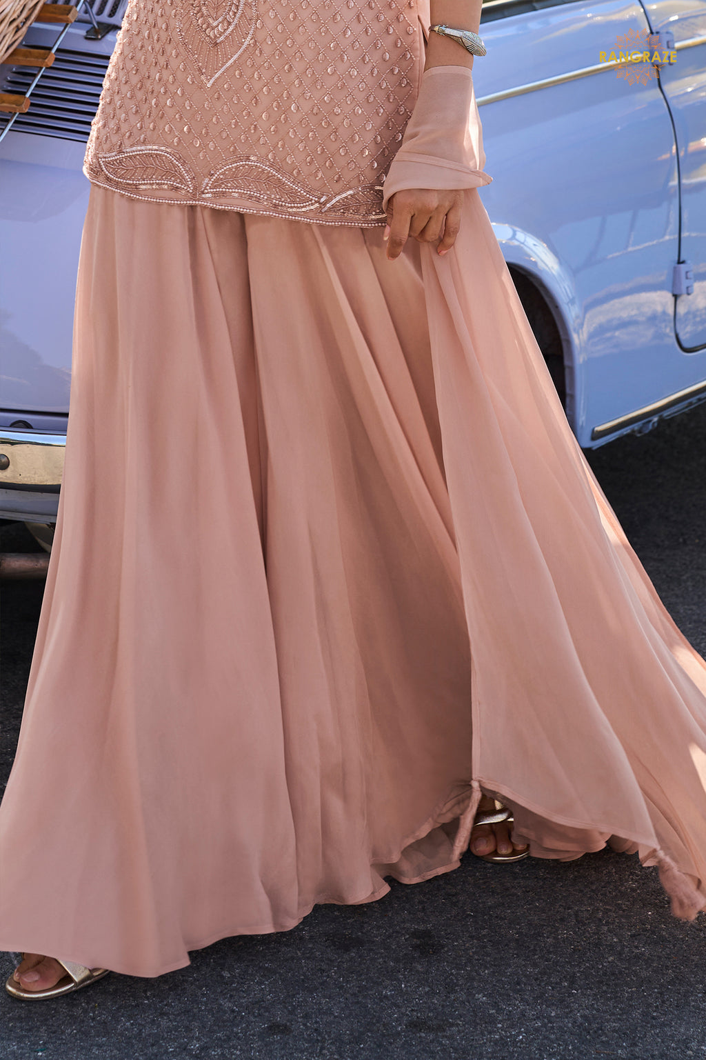 Peach Stitched Bead Work Georgette Sharara Suit Set with Choker Dupatta
