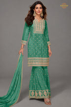 Persian Green Embroidered Stitched Chinon Sharara Suit