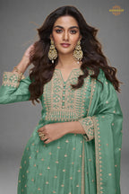 Persian Green Embroidered Stitched Chinon Sharara Suit