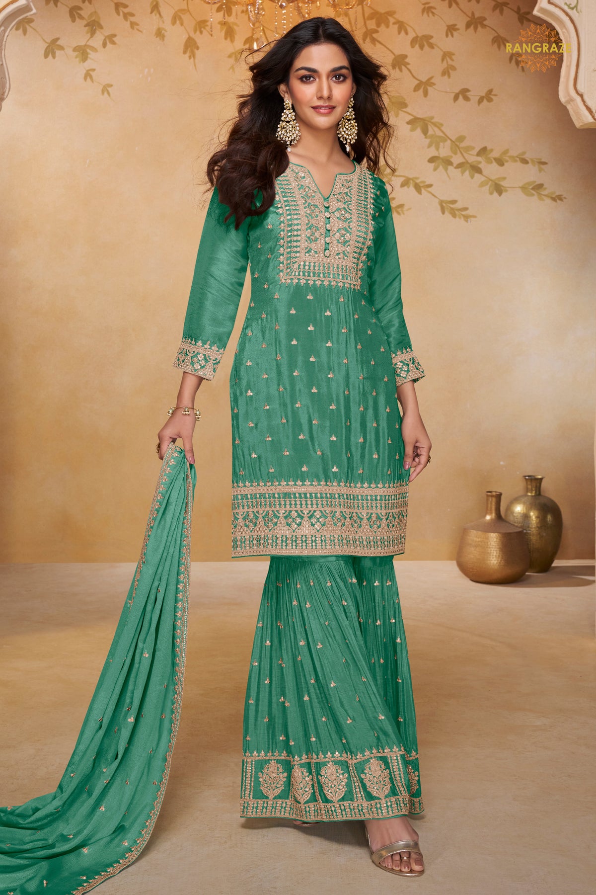 Persian Green Embroidered Stitched Chinon Sharara Suit